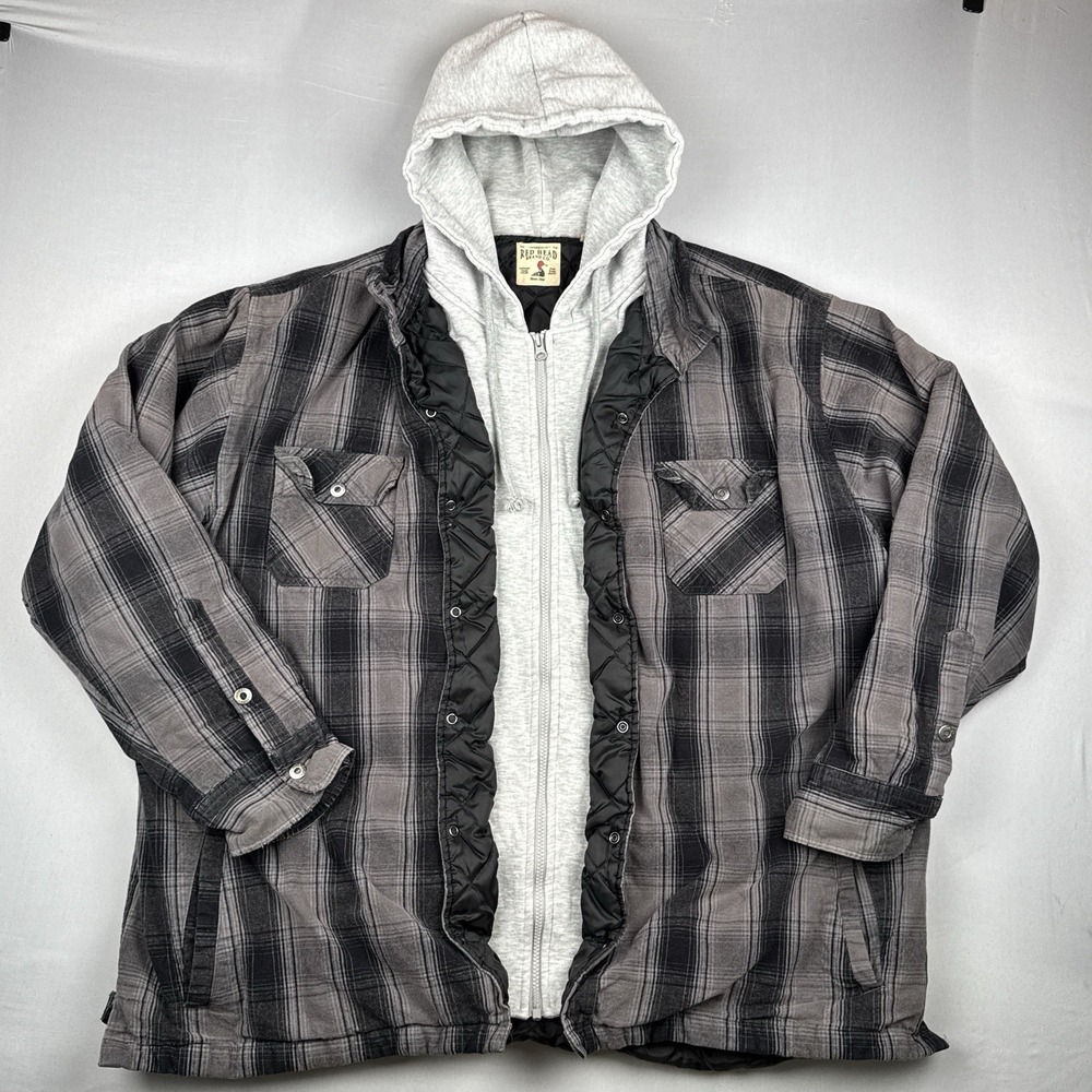 RedHead Plaid Hooded Flannel Shirt Jacket Quilted Lined Men's 3XL